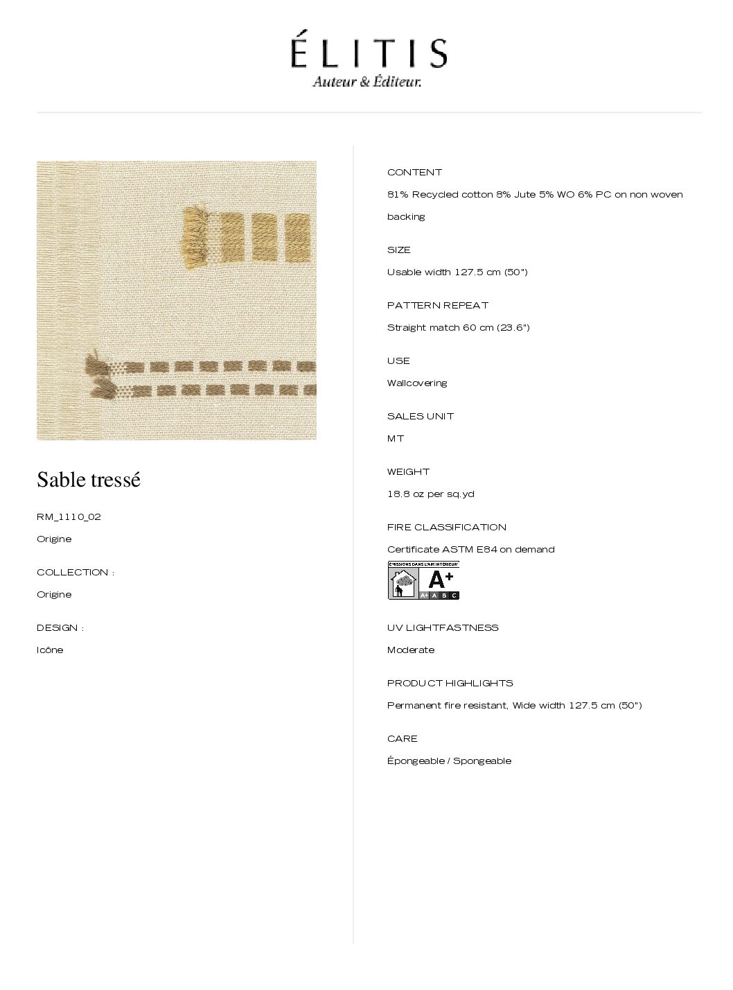 Tapeta Icône - Sable tressé Origine Elitis